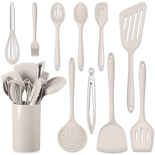 HaWare 11 PCS Silicone Cooking Utensils Set, Heat Resistant Kitchen Utensils with Holder, Food-grade Spatula Sets for Nonstick Cookware, Kitchen Tools Gadgets Include Fish Turner, Spoon (Khaki) - color: Khaki