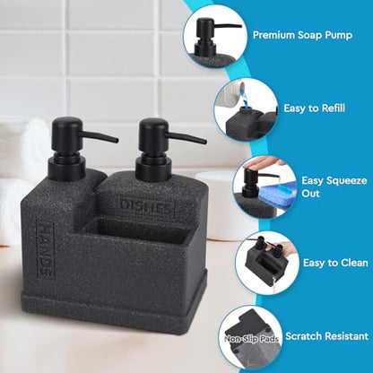 Kitchen Hand Soap and Dish Soap Dispenser Set,Dual Soap Dispenser with Sponge Holder 3-in-1 Organizer for Kitchen Sink,Bathroom,Useful Kitchen Gadgets - Black - color: 3 in 1 - Black