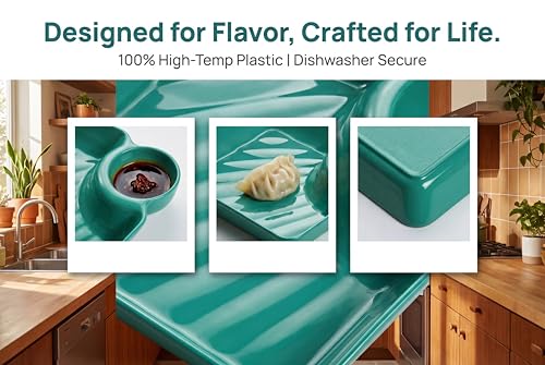 8 Pack Chip and Dip Plates with Sauce Compartment, 4 Colors | 8 reusable divided plates with built-in dip cups for dumplings, fries, sushi, snacks and appetizers.