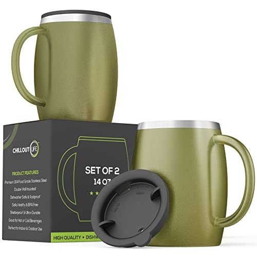 Stainless Steel Insulated Coffee Mugs Set of 2 (14oz) – Double Wall Coffee Cups With Spill Resistant Lid & Strong Handle, Shatterproof Cups for Cold Drinks, Hot Beverages, Indoor & Outdoor Use - color: Army Green