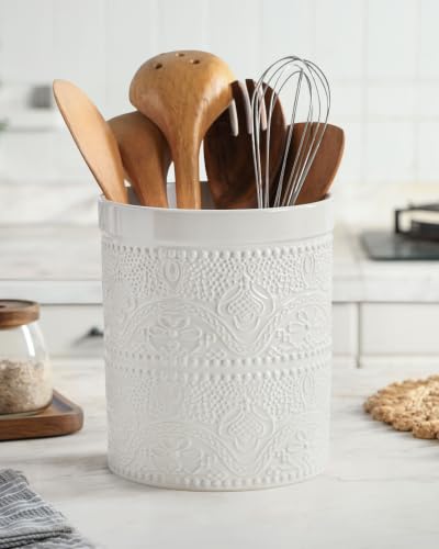 Kitchen Utensil Holder, 7.2" Super Large Utensil Crock Heavy and Stable Lace Emboss Ceramic Utensil Holder for Kitchen Counter (Bright White) - color: Bright White