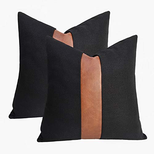 Black and Dark Brown Leather Throw Pillow Covers 16x16 inch Set of 2 Black Pillow Covers with Faux Leather Accent for Couch Sofa Bedroom Livingroom,Western Modern Home Decor - color: Black, size: 16" x 16" (Pack of 2)