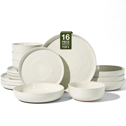 Stoneware Dinnerware Set with Pasta Bowls, Service for 4 | Cream, 16 pcs Ceramic Plates and Double Bowls, Speckled Spiral Dishes, Chip & Scratch Resistant, Microwave & Dishwasher Safe - color: Cream, size: Service for 4 (16pc) - Double Bowls