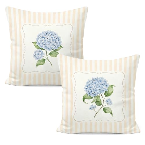Blue Hydrangea Floral Pillow Covers 18x18, Blue Hydrangea Decor, Cottagecore Botanical Flower Cream Striped Decorative Throw Pillow Covers for Home Bedroom Living Room, Set of 2 - color: White-cream Striped Hydrangea