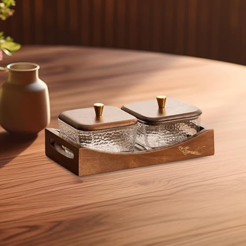 Divided Serving Tray with Lid, Made of Glass and Wood, Snack Bowl with Compartments for Fruit, Nuts, and Sweets. and Practical for Kitchen, of, 2 Compartments - size: 2 Compartments