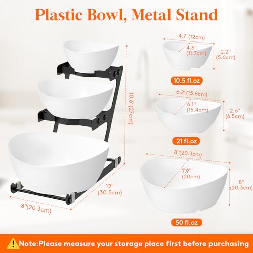 Lifewit 3 Tier Plastic Serving Bowls for Party, Chip and Dip Serving Set | Tiered Serving Tray with Black Metal Stand for Fruit, Snack, Crack-Proof Platter for Buffet Display, Party Hosting Essentials - color: Black