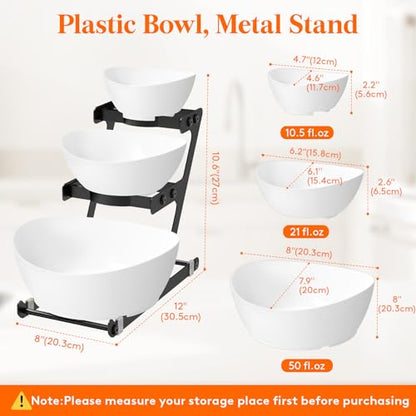Lifewit 3 Tier Plastic Serving Bowls for Party, Chip and Dip Serving Set | Tiered Serving Tray with Black Metal Stand for Fruit, Snack, Crack-Proof Platter for Buffet Display, Party Hosting Essentials - color: Black
