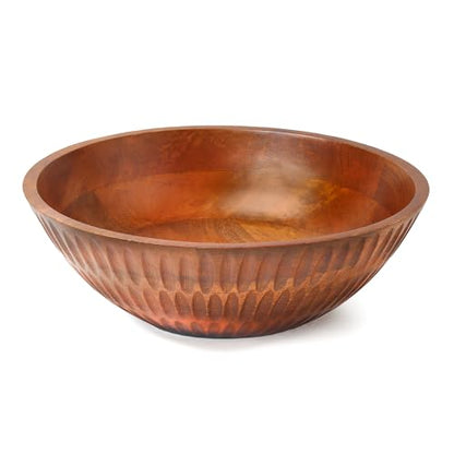 12" x 4" Wood bowl with hand carved pattern | 4.3 quarts capacity | wooden bowl for food, serving salads, pasta, cereal or popcorn | kitchen counter centerpiece bowl for fruits |