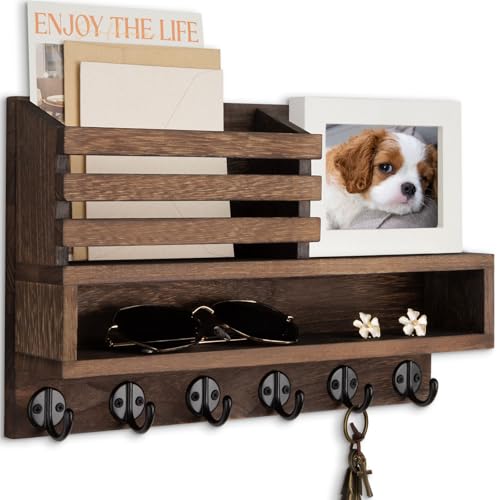 Key and Mail Holder Wall Mount, Key Holder with Long Storage Box | Key Hanger with Mail Slot, 6 Key Hooks for Coat, Dog Leash, Home Decor Rack, House Accessories, Entry Way Organizer - color: Brown, size: Large - 13.8 Inch