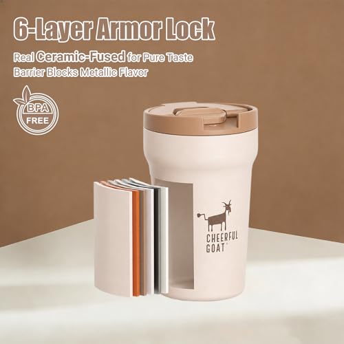 CHEERFUL GOAT Ceramic Lined Coffee Mug – Stainless Steel Travel insulated Tumbler with Ceramic Liner, with lid 12oz Leak Proof Cup for Hot and Cold Water Coffee at Home, Office, or In the Car (Coffee) - color: Coffee