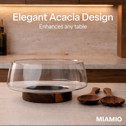 MIAMIO - Glass Salad Bowl Set/Salad Bowl with Serving Utensils (120 oz) | Glass Salad Bowl with Wood Base, Large Salad Bowl with Cutlery / Glass Fruit Bowl / Trifle Dish / Glass Serving Bowl