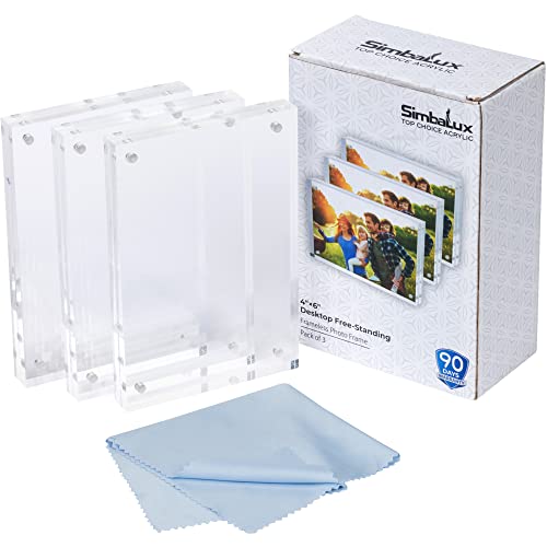 SimbaLux Magnetic Acrylic Picture Photo Frame 4x6 inches Clear Edge, 3 Pack | Clear Glass Like, Double Sided Frameless Desktop Floating Display, Free Standing, Easy to Change - size: 4" x 6" 3-Pack