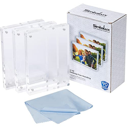 SimbaLux Magnetic Acrylic Picture Photo Frame 4x6 inches Clear Edge, 3 Pack | Clear Glass Like, Double Sided Frameless Desktop Floating Display, Free Standing, Easy to Change - size: 4" x 6" 3-Pack