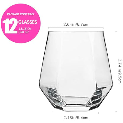 UMEIED 11 oz Diamond Wine Glasses Set of 12, Stemless Geometric Tumblers | For Red Wine, Bourbon, Cocktail, Heavy Base Clear Glass, For Home Bar, Party, Housewarming