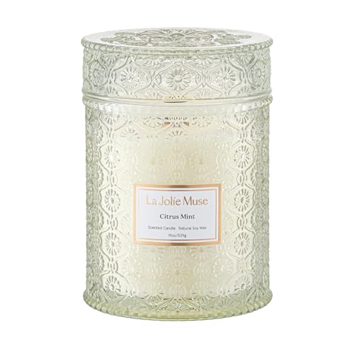 LA JOLIE MUSE Citrus Mint Scented Candle for Home,19 oz Natural Soy Wax | Large Jar Luxury Blue Candle, Clean Non Toxic, Gifts for Women & Men, Summer Fresh Citrus Candles, Wood Wick, Bergamot, Yuzu - color: Citrus Mint, size: 19 oz