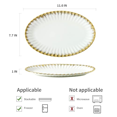 Serving Platters, Ceramic Oval Serving Platters,12 Inch Serving Dishes/Trays for Party Entertaining, Porcelain White Dinner Plates with Gold Trim for Sandwich, Appetizer, Fruit, Desserts, Set of 2 - color: Oval White and Gold-2 Pcs