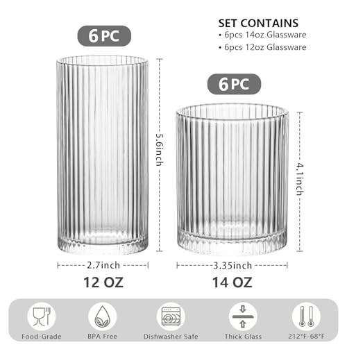 INSETLAN 12-Piece Ribbed Glassware - 6 Highball Glasses 12 oz, 6 Rocks Glass Cups 14 oz, Vintage Cocktail Drinking Glasses, Ideal for Wine, Juice, Water, Ice Coffee Cup, Whiskey, Mixed Drinkware
