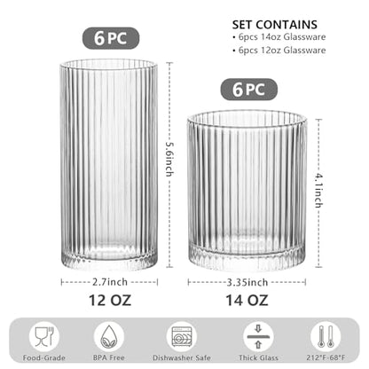 INSETLAN 12-Piece Ribbed Glassware - 6 Highball Glasses 12 oz, 6 Rocks Glass Cups 14 oz, Vintage Cocktail Drinking Glasses, Ideal for Wine, Juice, Water, Ice Coffee Cup, Whiskey, Mixed Drinkware