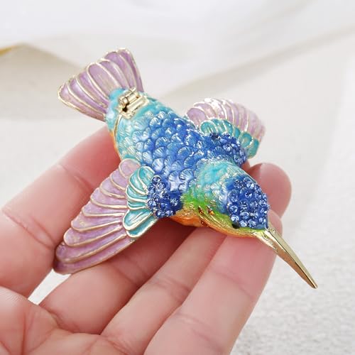 Hand Painted Trinket Box for Home Decor Accents, Enamel Hinged Jewelry Box for Bookshelf Office Table Desk Decoration, Classical Figurine Collectible Keepsake Animal Sculptures (Hummingbird)
