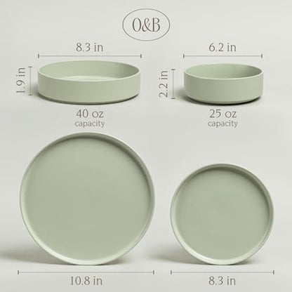 over&back 16-Piece Stackable Dinnerware Dish Set - Stoneware Dishes - Includes 4 Dinner Plates, 4 Salad Plates, 4 Cereal Bowls, and 4 Dinner Bowls - All-Occasion Place Settings - Semi-Matte Sage - color: Sage, size: Dinner Set | 16 Pieces