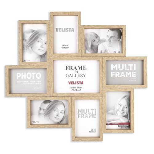 VELISTA 9 Opening Family Picture Frame Collage for Wall Décor – Rustic Farmhouse Multi Photo Frame Frame Made of Engineered Wood with Plexiglass Front (Oak) - color: Oak