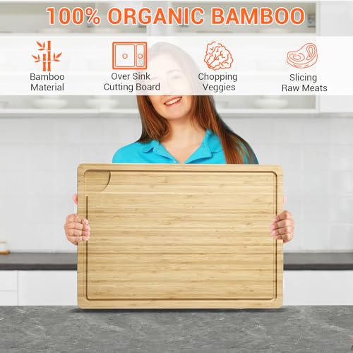 Large Cutting Board for Kitchen, 20 x 14 Inch Bamboo Wood Butcher Chooping Board with Juice Groove, Reversible Cheese Board Charcuterie Serving Tray - color: Natural, size: 20"L x 14"W