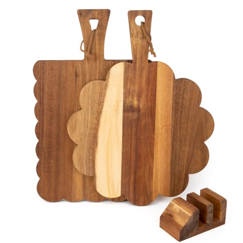 2 Pcs Acacia Wood Scalloped Cutting Chopping Board with Handle Decorative Cutting Boards for Kitchen Charcuterie Serving Tray Prep, Meat, Cheese, Bread, Fruit (with Hanging Rope & Holder)