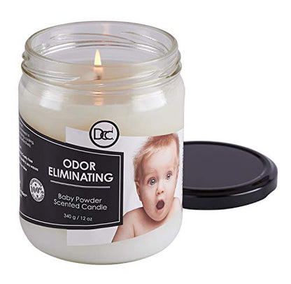 Baby Powder Odor Eliminating Highly Fragranced Candle - Eliminates 95% of Pet, Smoke, Food, and Other Smells Quickly - Up to 80 Hour Burn time - 12 Ounce Premium Soy Blend - color: Baby Powder