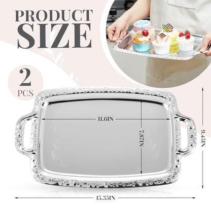 2 Pcs Silver Serving Tray Elegant Floral Metal Plate Silver Platter Tray for Summer Buffet Wedding Party Jewelry Decorative (Oblong with Handle) - style: Oblong