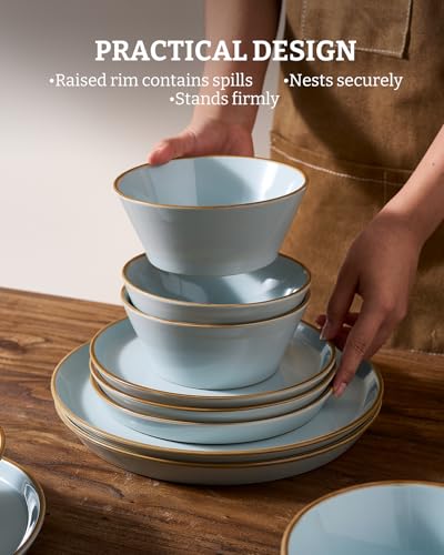 Famiware Saturn Dinnerware Sets, Ceramic Dishes for 4, Rimmed Plates, Bowls | Light Blue, 12-Piece Microwave and Dishwasher Safe Stoneware, Chip & Scratch Resistant, Modern Rustic Tableware, Everyday Use - color: Light Blue, size: 12