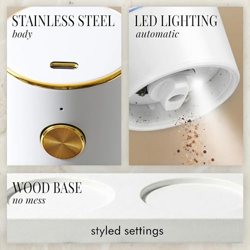 Styled Settings Rechargeable White Electric Salt and Pepper Grinder Set | Automatic Salt and Pepper Shaker Set with USB-C Port, LED Light, Adjustable Coarseness, One Touch Control, Stainless Steel - color: White
