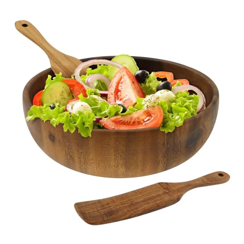 Wood Salad Bowl with Spatula and Fork, Round Serving Bowl, Large Mixing Bowls Set with Serving Utensils, Multi-functional Kitchen Serveware for Salads,Soups,Fruits,Snacks,Pasta