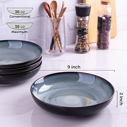 LERATIO 9.0" Ceramic Pasta Bowls Set of 6,38oz Large Stoneware Bowls Set | Reactive Glaze Serving Bowls Set,Wide Bowl for Pasta,Salad,Fruit & Noodles,Housewarming & Wedding Gift-Gray White - color: Gray Blue, size: Set of 6