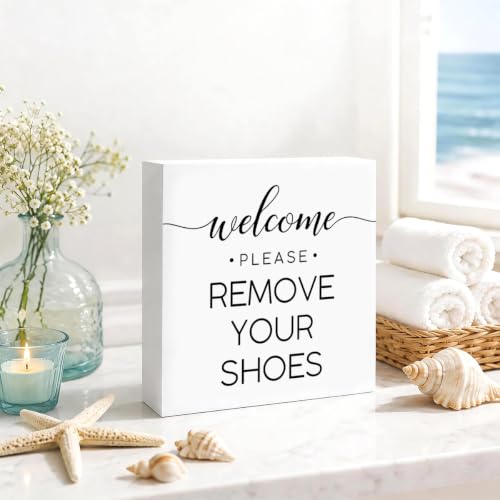Welcome Remove Shoes Wood Box Sign, Minimalist "Please Remove Your Shoes" Decor Signs, Simple Black & White Block Sign For Beach House Entryway, Practical Summer Home Decor Gift, 4.9x4.9 Inch