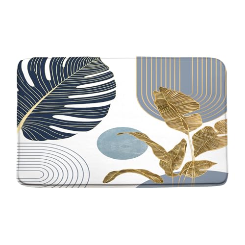 Mid Century Leaves Bath Mat Abstract Modern Plant Geometric Leaf Arch Sun Minimalist Neutral Blue Bathroom Floor Bathtub Bath Rug，15.7x23.6 Inch - color: Blue, size: 1'4" x 1'11" (Rectangular)