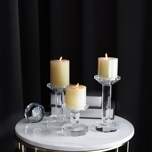 Crystal Candlestick Holders Set of 3, Clear Crystal Taper/Pillar Candles Holders– Table Centerpieces for Party and Wedding Decoration(4''/6''/8'' Tall)