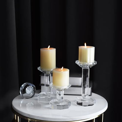 Crystal Candlestick Holders Set of 3, Clear Crystal Taper/Pillar Candles Holders– Table Centerpieces for Party and Wedding Decoration(4''/6''/8'' Tall)