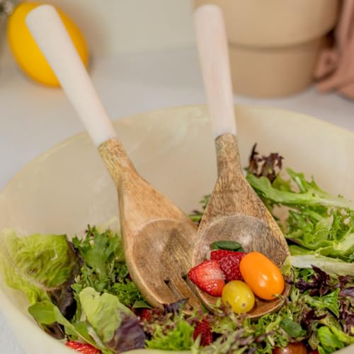 Resin Collection Salad Servers – Cream - color: Acacia Wood