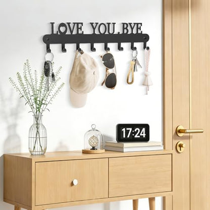 Key Holder for Wall - 'Love You Bye' Key Hooks, Black, 8 Hooks | Key Holder Wall Mount Self Adhesive, Key Rack Wall Mount for Wall No Drill for Living Room, Kitchen, Bathroom, Garage - color: Love You Bye' Black 1p