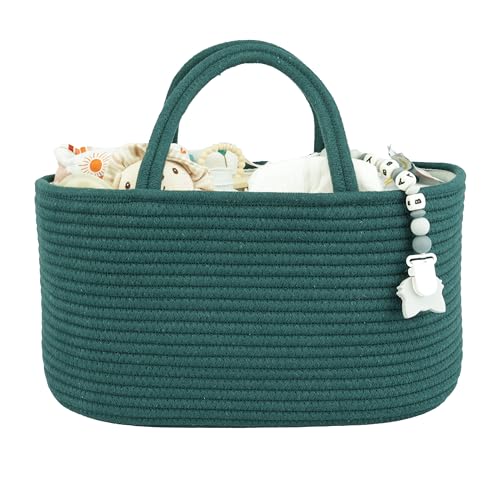 XUANGUO Large Cotton Rope Baby Diaper Caddy Organizer Basket Dark Green | Nursery Storage Bin, Portable Baby Tote Bag for Changing Table or Car, Baby Shower Gifts Bag, Newborn Essentials, Registry - color: Dark green, size: Large