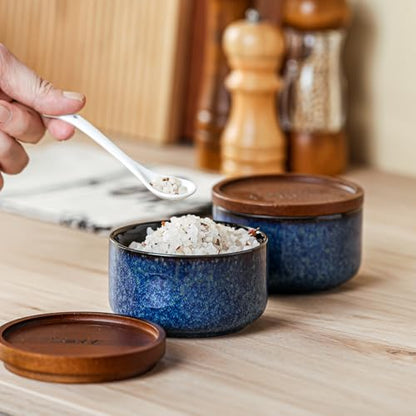 Ceramic Salt and Pepper Bowls: 9 oz Stackable Spice Cellars with Wooden Lids - Stacked Seasoning Storage Containers for Countertop Stovetop - Blue
