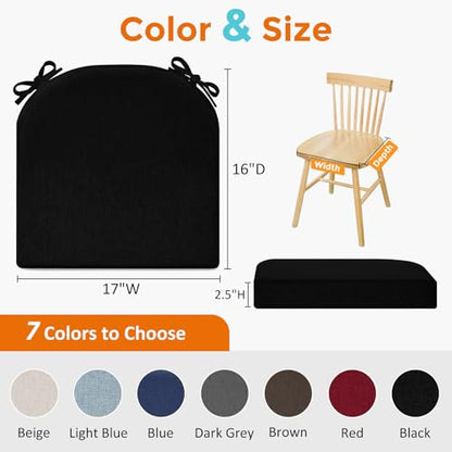 downluxe Memory Foam Linen Kitchen Chair Pads with Ties, Chair Cushions for Dining Chairs, 17" x 16" x 2.5", Black, 2 Pack