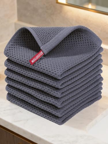 100% Cotton Waffle Weave Kitchen Dish Cloths, 6 Pack Quick Drying Dish Towels, Ultra Soft Absorbent, 12x12 Inches, Dish Rags for Drying Dishes & Daily Kitchen Use (Dark Grey) - color: Dark Grey