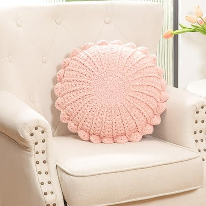 Knitted Throw Pillow Round Couch Pillow (Pink, 18inch) | Incloude insert Handmade Decorative Plush Pillow Cute Cushion - color: Pink