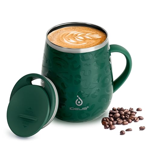 Ideus 16 oz Insulated Coffee Mug with Handle and Lid, Double Wall Stainless Steel Vacuum Thermal Coffee Mug, Travel Coffee Cup Thermal Cup for Home and Office (Leopard Green, FUJI DAWN) - color: Leopard Green