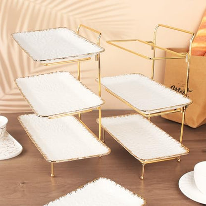 3-Tier Serving Rack with Ceramic Serving Tray, Foldable Gold Stand with 3 Pieces 12 Inch Gold Rim Large Plates for Food Display, Fruit, Dessert Server Display and Entertaining - color: 3-tier 12 Inch Serving Rack