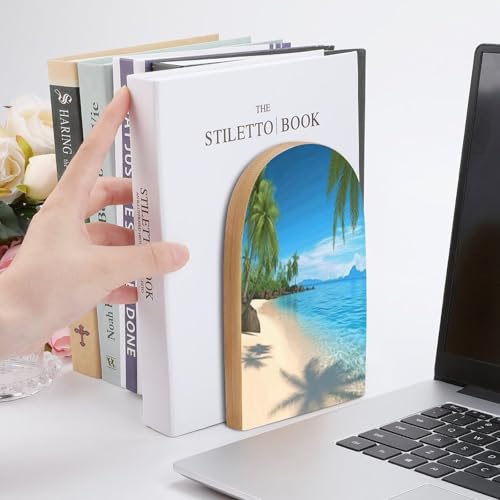 Personalized Hawaiian Beach with Palm Trees Book Ends for Shelves, Large Heavy Duty Wooden Bookends with Non-Skid Metal Base Book Holder Decorative Book Stopper for Home Office Supplies 1 Pair