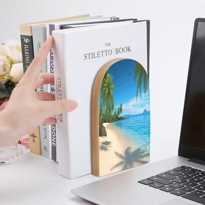 Personalized Hawaiian Beach with Palm Trees Book Ends for Shelves, Large Heavy Duty Wooden Bookends with Non-Skid Metal Base Book Holder Decorative Book Stopper for Home Office Supplies 1 Pair