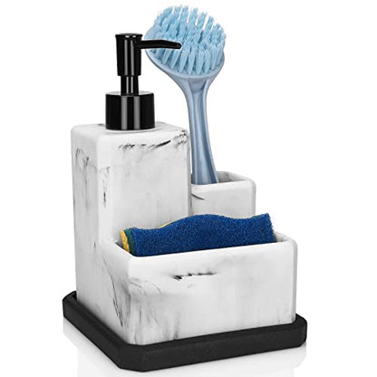 Soap Dispenser with Sponge Holder and Brush Holder,White Marble 3 in 1 Liquid Hand Dish Soap Dispenser and Sponge Holder Sink Caddy Organizer for Kitchen Bathroom,Removable Bottom Tray