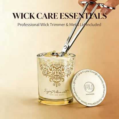 Luxury Candle Gift Set for Women, 3x7oz, Trimmer & Snuffer Lid | Soy candles: Scent Warm Sandalwood Rose, Bright Citrus Gardenia & Jasmine Rose Bloom, natural crystals, 120-hour burn